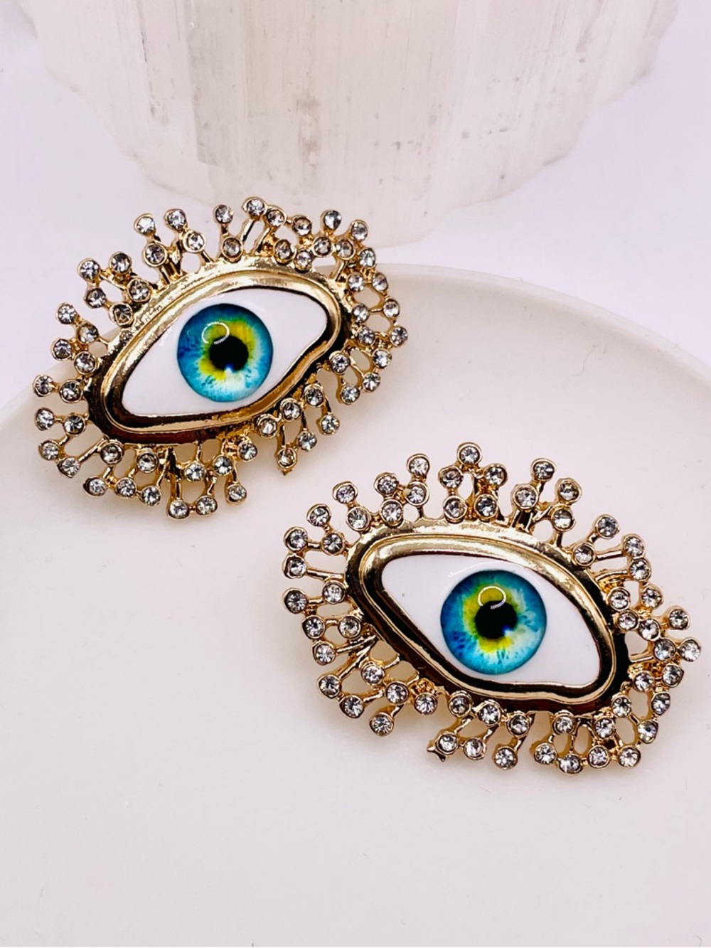 Gold Evil Eye Statement Earrings with Blue-Green Iris